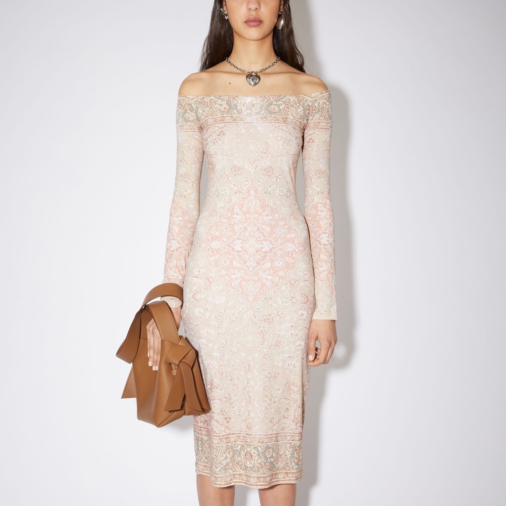 Acne Off-Shoulder Lace Midi Dress in Blush and Cream
